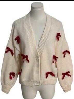 Luna Ivy Bow Cardigan Sweater Ivory Red Velvet Bows Chunky Knit Women’s L
